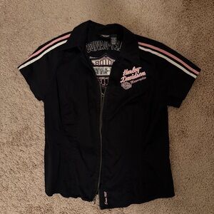 Harley-Davidson Black Zip-Up Shirt with Pink and White Stripes